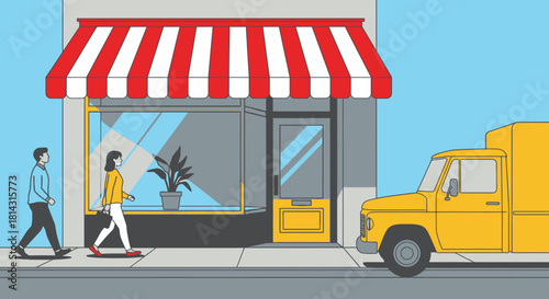 A yellow delivery truck is parked outside a storefront with a red and white striped awning, while two people walk on the sidewalk.