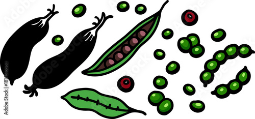 An illustrated arrangement of various legumes. Several green pea pods, some open to reveal the round green peas, are scattered across the frame. There are also piles of shelled peas. Red kidney beans 