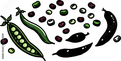 An illustrated arrangement of various legumes. Several green pea pods, some open to reveal the round green peas, are scattered across the frame. There are also piles of shelled peas. Red kidney beans 