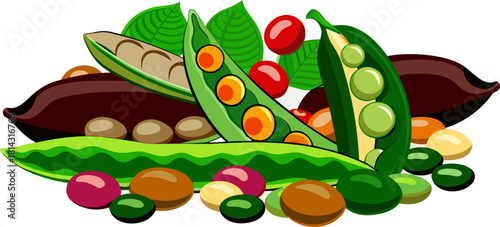 An illustrated arrangement of various legumes. Several green pea pods, some open to reveal the round green peas, are scattered across the frame. There are also piles of shelled peas. Red kidney beans 