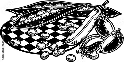 An illustrated arrangement of various legumes. Several green pea pods, some open to reveal the round green peas, are scattered across the frame. There are also piles of shelled peas. Red kidney beans 