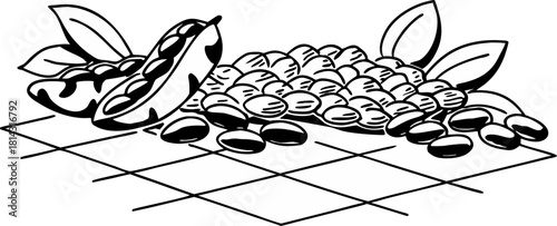 An illustrated arrangement of various legumes. Several green pea pods, some open to reveal the round green peas, are scattered across the frame. There are also piles of shelled peas. Red kidney beans 