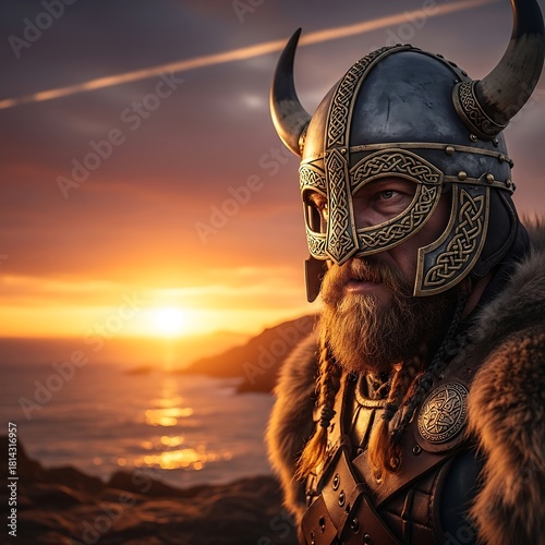 Warrior in ornate helmet stands by ocean at sunset.