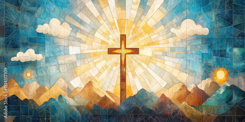 Cross in radiant light – Christian stained glass symbolizing faith, hope, and spirituality. AI generative.