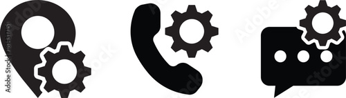 Set of Solid Location, Call, and Chat Communication Symbols Combined with Settings Icons.
