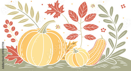 Autumn seamless pumpkin pattern with leaves and seasonal decoration