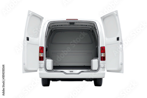 A white cargo van with open rear doors, revealing an empty interior and a black background