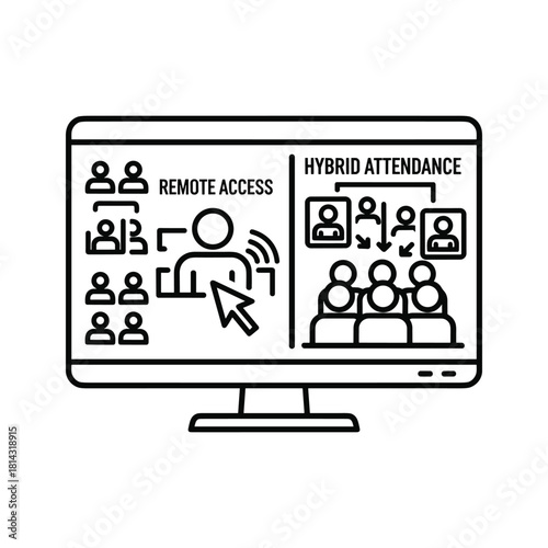 Line icon illustration of a computer monitor showing remote access and hybrid attendance for a meeting or conference