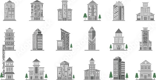 Set of 20 Stylized Building Vector Icons, Modern and Traditional Architecture, Urban Skyline Elements, Commercial Residential Mixed-Use Designs, Trees and Facades
