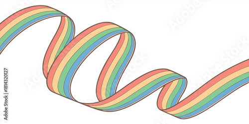 A white background serves as the canvas for a collection of flowing, ribbon-like forms. These forms twist, turn, and loop across the frame, each rendered with a vibrant, gradient color scheme. The pal