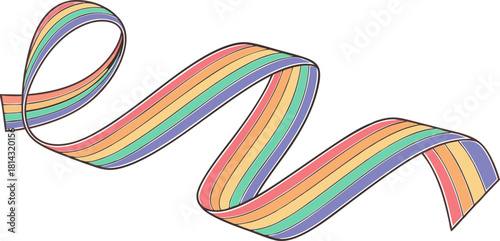 A white background serves as the canvas for a collection of flowing, ribbon-like forms. These forms twist, turn, and loop across the frame, each rendered with a vibrant, gradient color scheme. The pal