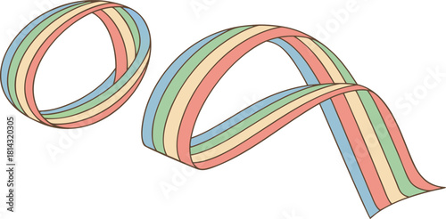 A white background serves as the canvas for a collection of flowing, ribbon-like forms. These forms twist, turn, and loop across the frame, each rendered with a vibrant, gradient color scheme. The pal