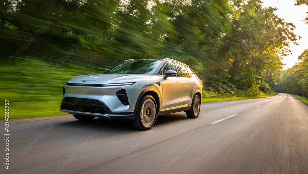 Fototapeta premium Dynamic front side view of a modern silver electric SUV driving fast on an asphalt forest road during golden hour sunset with motion blur effect 