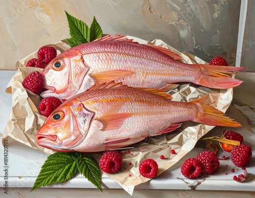 Artistic still life showcasing two vibrant red snappers and fresh raspberries arrangement