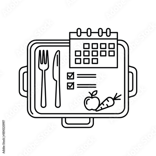 Outline icon of a meal tray with cutlery, calendar, checklist, apple, and carrot, isolated on