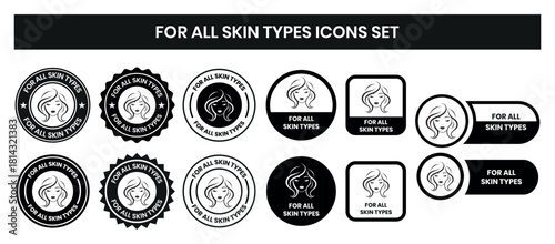 For all skin types label icon set. Face beauty women skin care packaging label for cream, toner, moisturizer, facial mask, lotion, logo, badge, symbol, black, line vector, isolated on white background