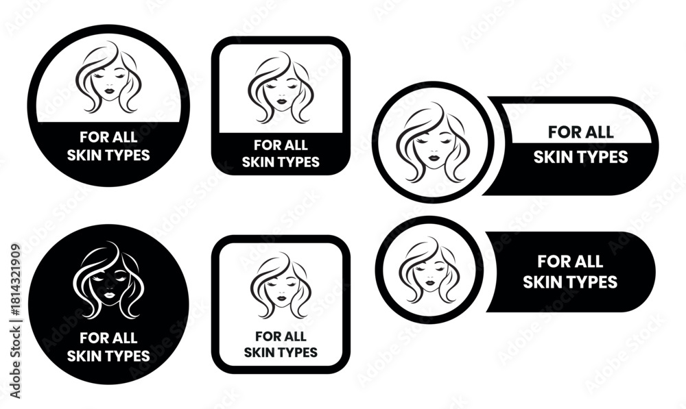 Obraz premium For all skin types label icon set. Face beauty women skin care packaging label for cream, toner, moisturizer, facial mask, lotion, logo, badge, symbol, black, line vector, isolated on white background