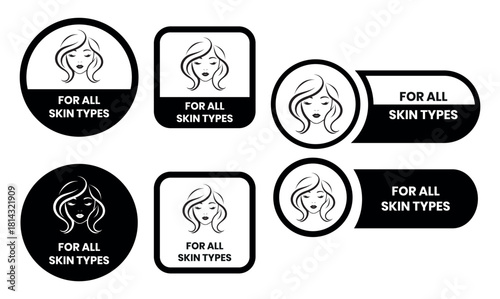For all skin types label icon set. Face beauty women skin care packaging label for cream, toner, moisturizer, facial mask, lotion, logo, badge, symbol, black, line vector, isolated on white background