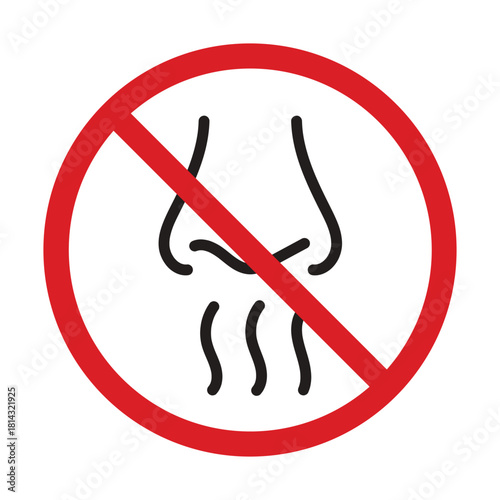 No bad smell symbol with nose illustration and red prohibition sign editable stroke outline icon isolated on white background flat vector illustration. Pixel perfect. 64 x 64.