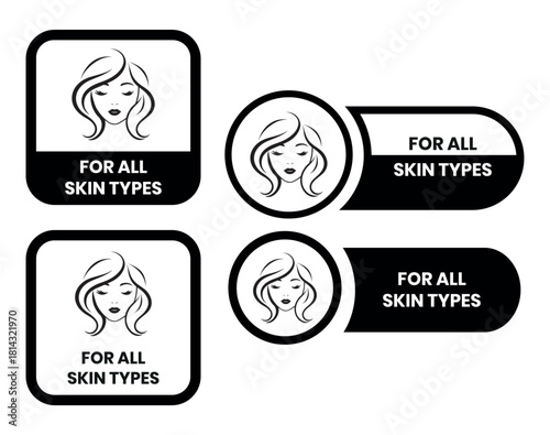 For all skin types label icon set. Face beauty women skin care packaging label for cream, toner, moisturizer, facial mask, lotion, logo, badge, symbol, black, line vector, isolated on white background