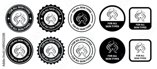 For all skin types label icon set. Face beauty women skin care packaging label for cream, toner, moisturizer, facial mask, lotion, logo, badge, symbol, black, line vector, isolated on white background