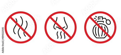 Anti bad smell, odor control, fragrance free editable stroke outline icons set isolated on white background flat vector illustration. Pixel perfect. 64 x 64.