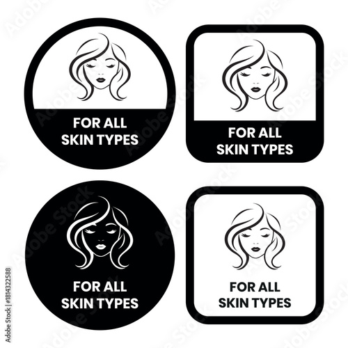 For all skin types label icon set. Face beauty women skin care packaging label for cream, toner, moisturizer, facial mask, lotion, logo, badge, symbol, black, line vector, isolated on white background