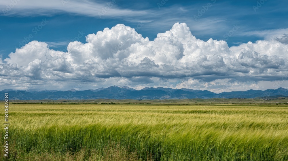 Fototapeta premium Expansive Field of Grain with Dramatic Cloudscape and Mountain Backdrop, Rural Agriculture