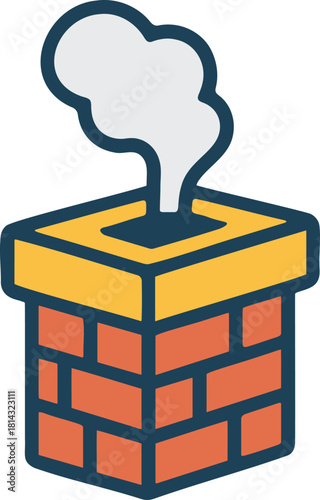 Brick chimney with smoke icon in flat colorful outlined style