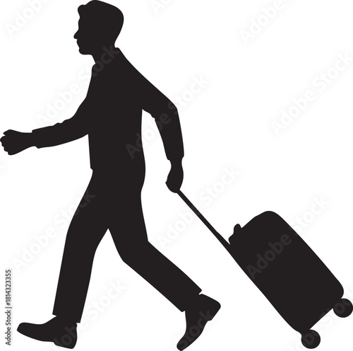 Black silhouette shows an adult male walking while pulling a wheeled suitcase behind him