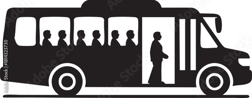 Black silhouette shows passengers riding in a bus with one person standing in the doorway