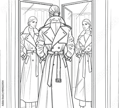 Woman in trench coat looks in mirror seeing her reflection in fashion style