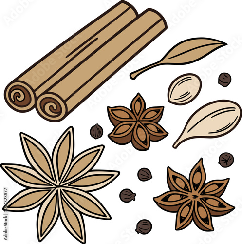 A collection of various spices, isolated on a transparent background, are depicted in a realistic illustration style.  Prominently featured are four cinnamon sticks, stacked in a slightly overlapping 