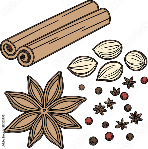 A collection of various spices, isolated on a transparent background, are depicted in a realistic illustration style.  Prominently featured are four cinnamon sticks, stacked in a slightly overlapping 