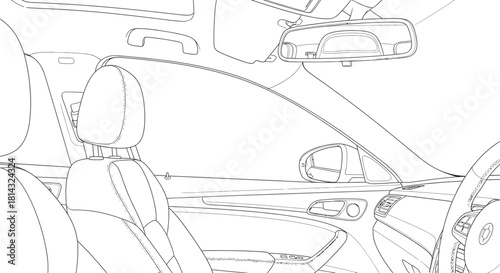Car interior line art showcasing seats dashboard and steering wheel design view
