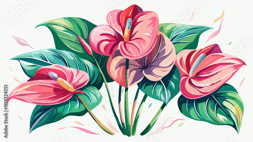 Very beautiful abstract watercolor pink anthurium flowers painted with soft flowing strokes, creating an elegant floral template design perfect for artistic, decorative, and botanical-themed creations