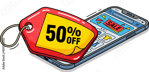 Vector illustration of a smartphone with a large discount percentage tag