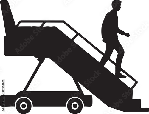 Man silhouette descends mobile stairway from airplane, showing airport arrival in black isolated image