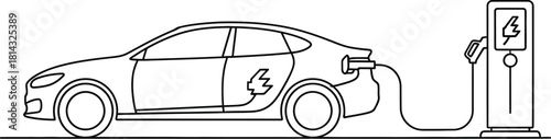 Electric car charging at station with lightning bolt symbol in simple line art
