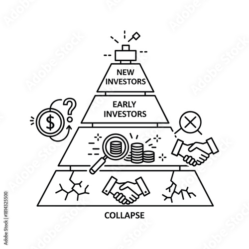 Pyramid scheme concept showing collapse of investment with new and early investors isolated on