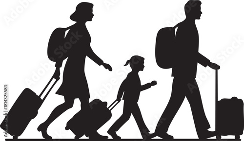 Silhouette of a family with luggage walking for travel in black and white