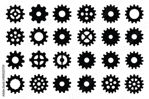 Gear Icons with Varying Tooth Counts Hub Designs and Rotational Symmetry in Black Silhouettes on White Background for Engineering and Industrial Themes