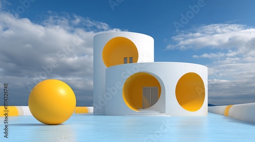 Modern architecture with a yellow sphere on a cloudy sky background, use for abstract design