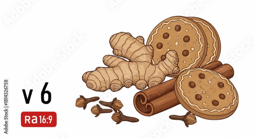 Illustration of two cookies with ginger, cinnamon sticks, and cloves on a white background