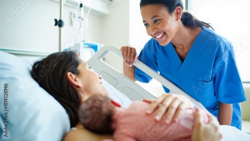 Medium close-up of a smiling African American nurse in blue scrubs leaning on a bed rail looking at a mother holding a newborn baby in a hospital room under bright natural light
