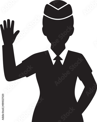 Silhouette shows stewardess raising hand to welcome, featuring professional uniform, transparent background