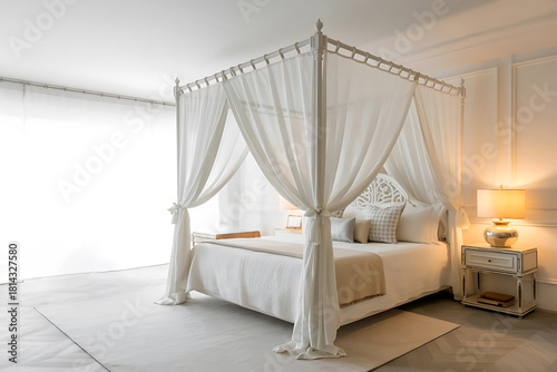 Luxury Bedroom Aesthetic Featuring an Elegant White Canopy Bed