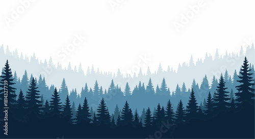 Dense forest landscape with layers of blue and white trees creating a serene and misty atmosphere