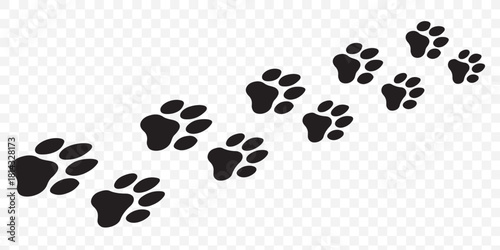 Seamless vector pattern of diverse animal paw prints, including dog, cat, and bear footprints, in a black silhouette design