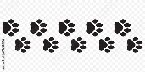 Seamless vector pattern of diverse animal paw prints, including dog, cat, and bear footprints, in a black silhouette design
